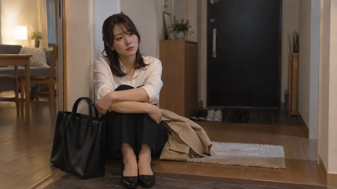 仕事から帰宅した日本人女性が玄関で寂しさを感じている様子