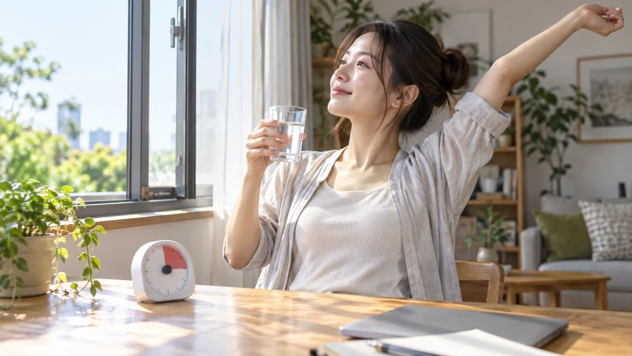 日本人女性が静かな部屋で帰宅後の寂しさを感じながら過ごしている様子