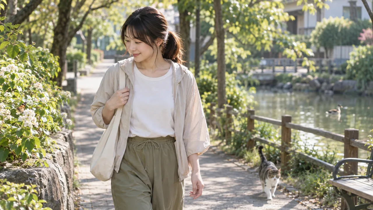日本人女性が窓を開けて水を飲みながら短い休憩を取っている様子