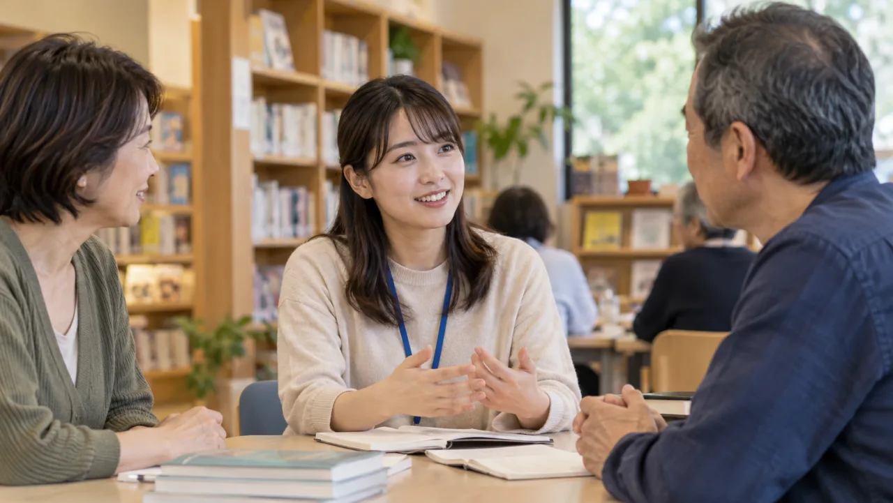 日本人女性が信頼できる相手と短い電話で話している様子