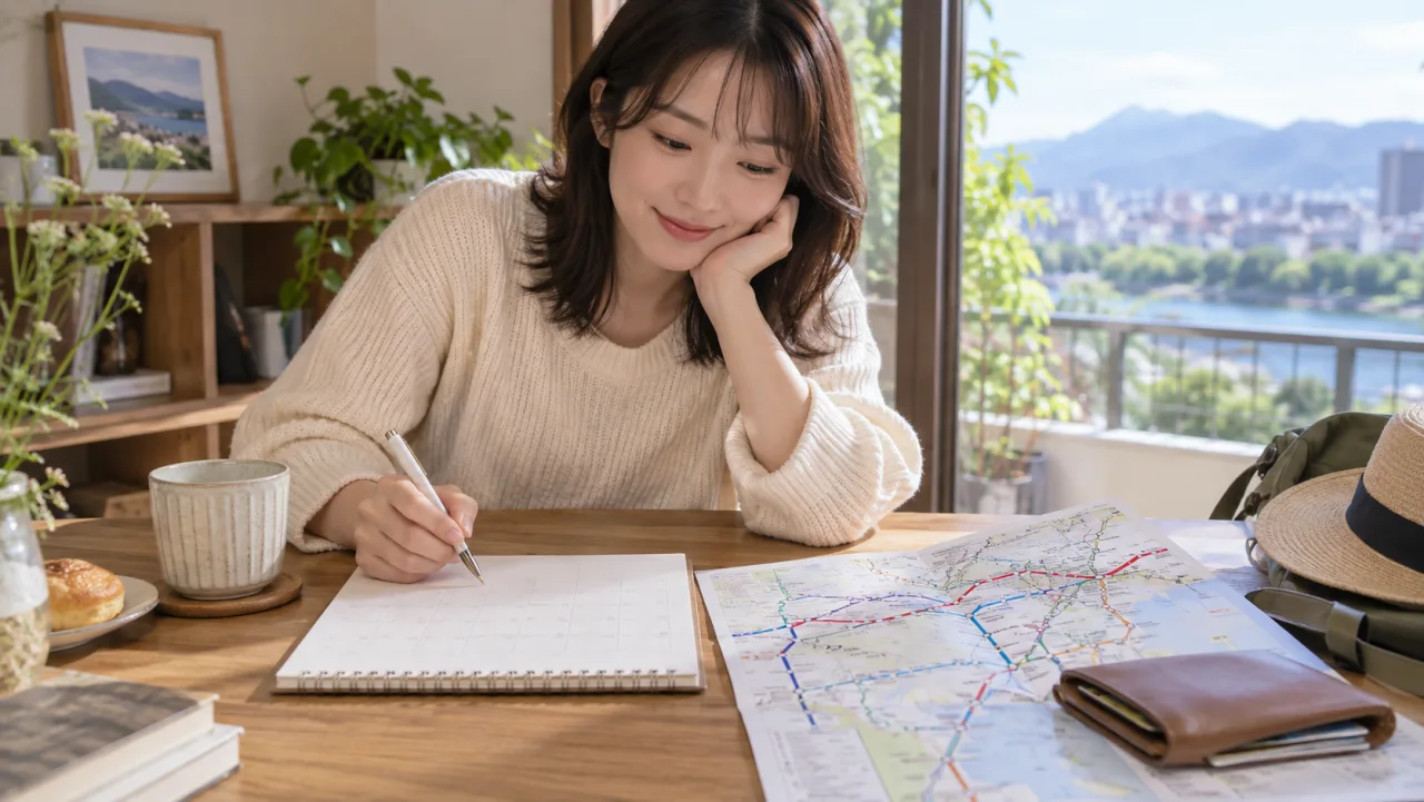 日本人女性が小さな地域の集まりで二人の参加者と穏やかに話している様子