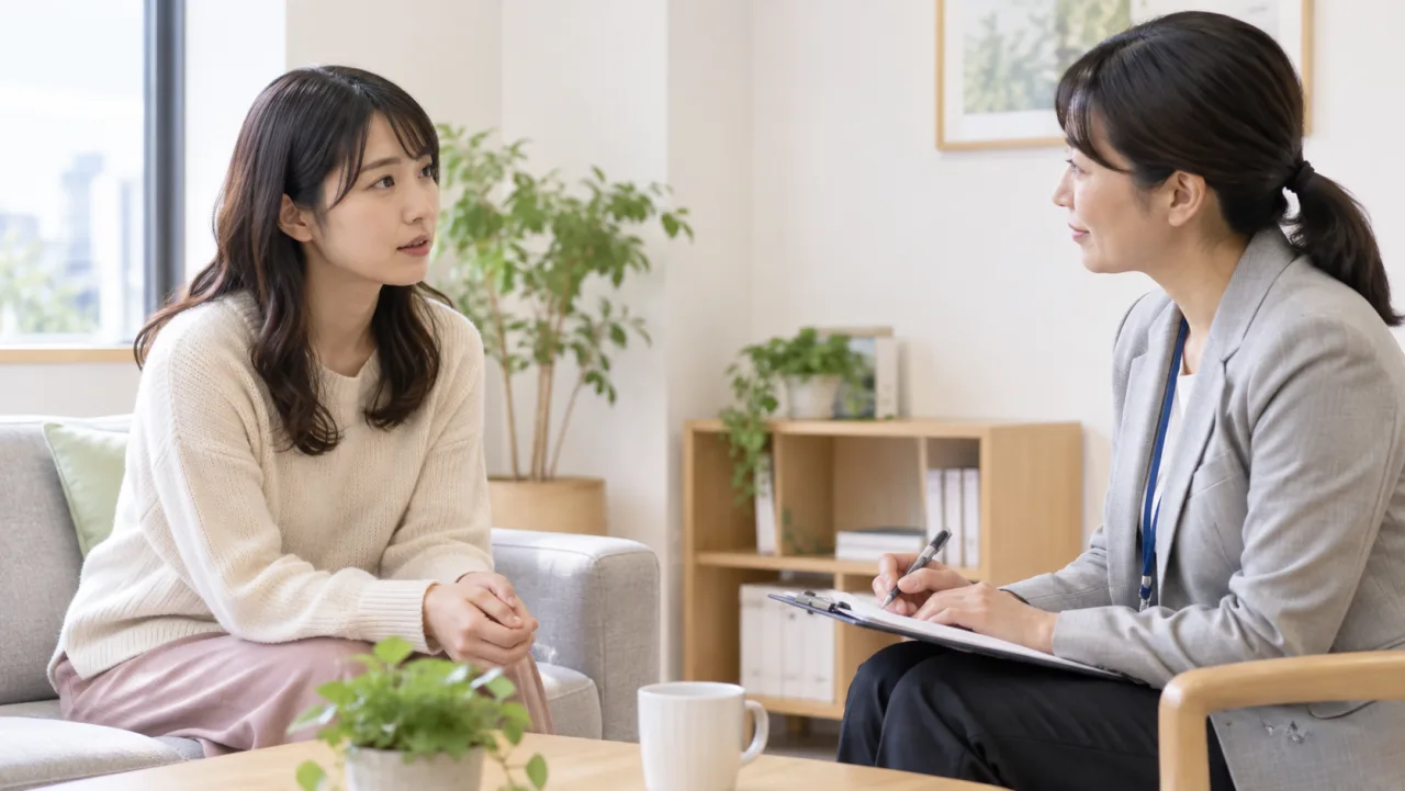 日本人女性がスマートフォンで誘いを断る文面を確認し落ち着いて境界線を保っている様子