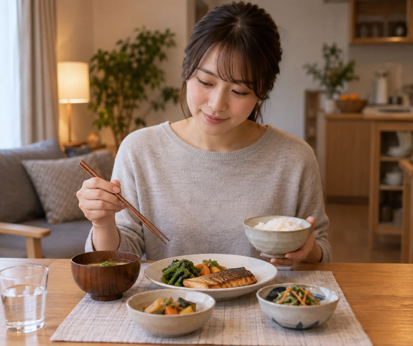 一人分の夕食で主食と主菜と副菜の組み合わせを確認する日本人女性