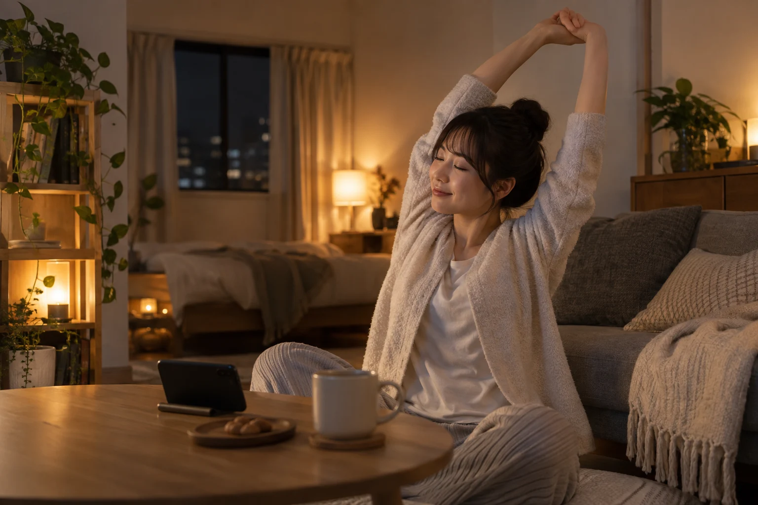 日本人女性が動画を見る前に飲み物とストレッチで夜の区切りを作る様子