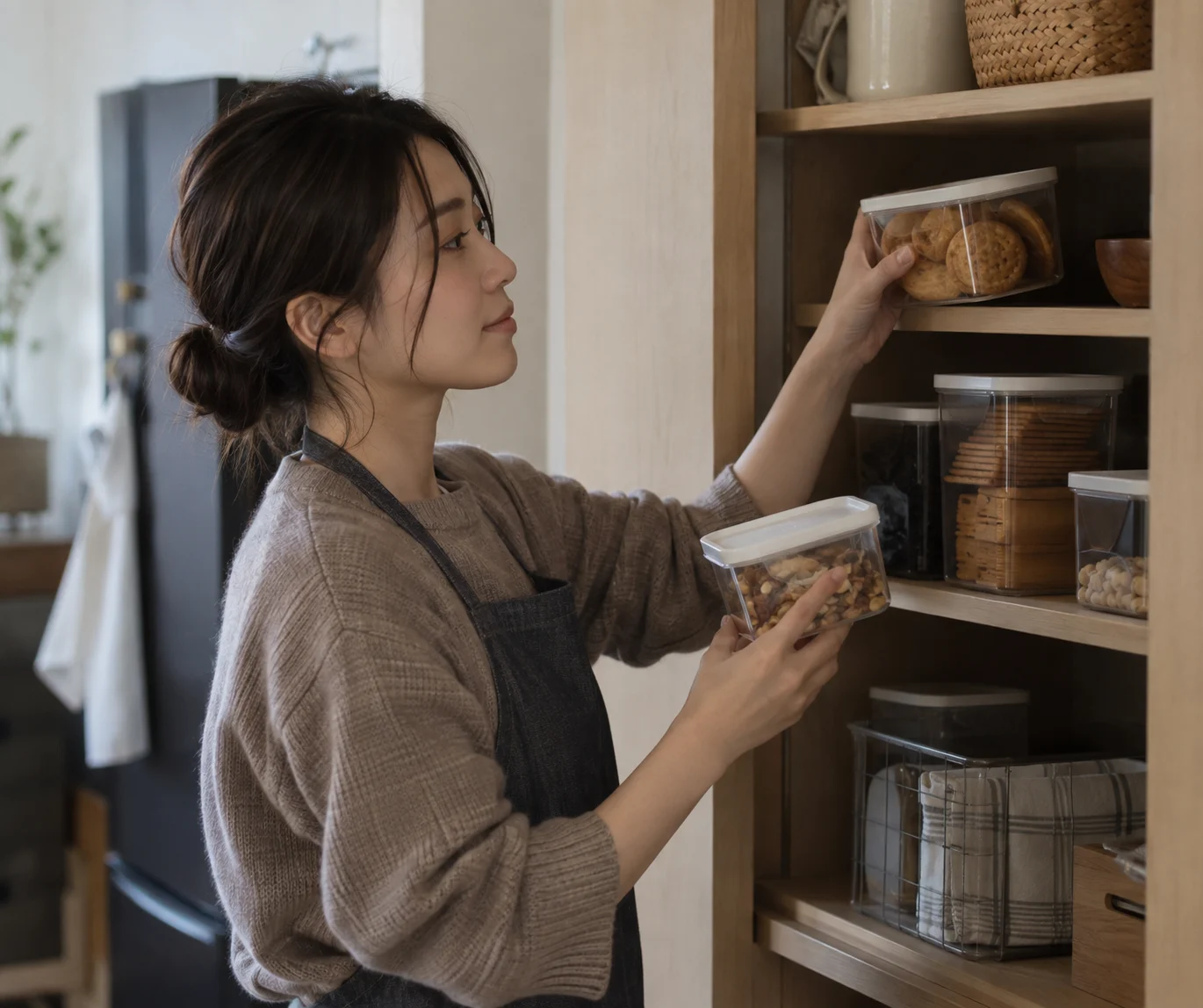 一人暮らしの台所で間食を一回分ずつ保存容器に分ける日本人女性