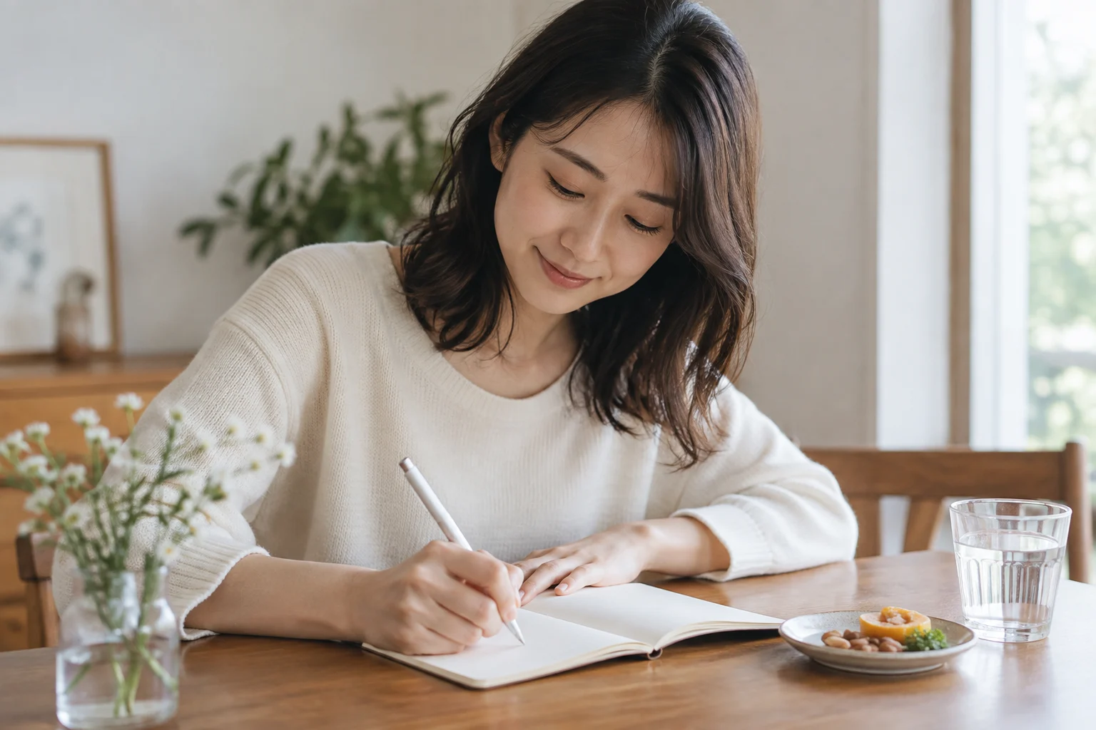 夜の間食について明日の小さな工夫をノートに書く日本人女性