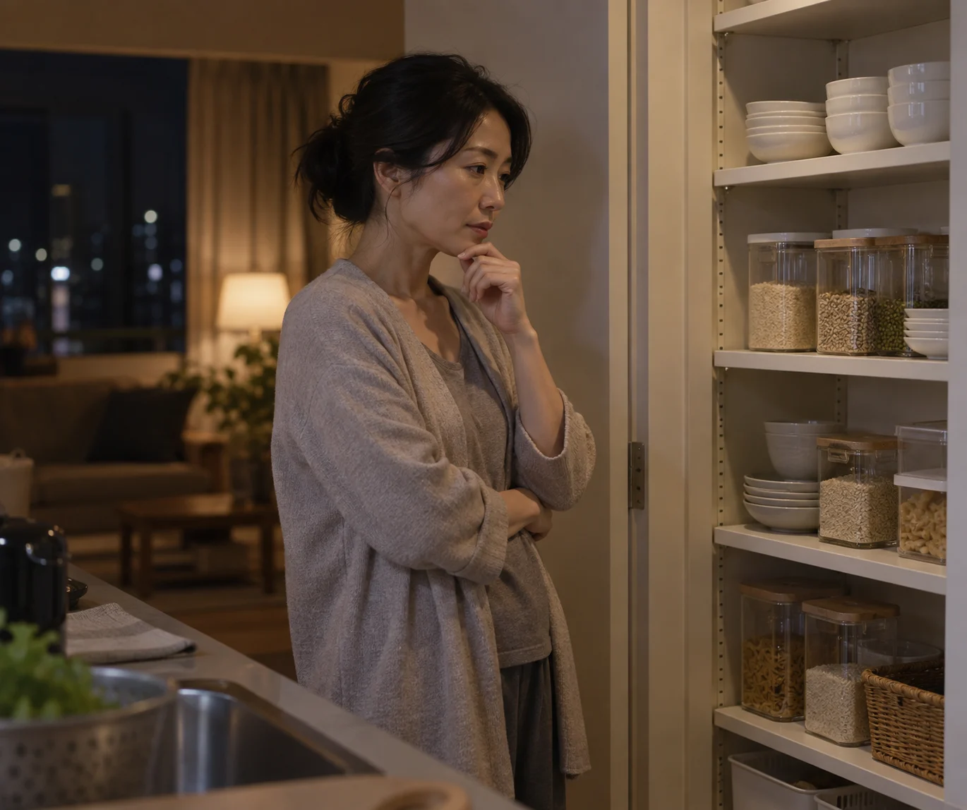 夜の一人暮らしの部屋でお菓子に手を伸ばす前に考える日本人女性