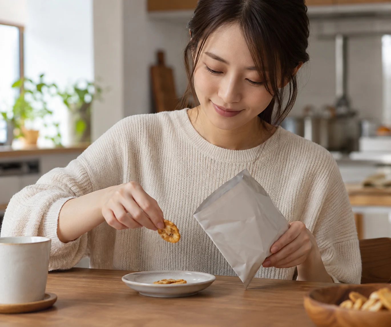 夜の間食を小皿に一回分だけ取り分ける日本人女性