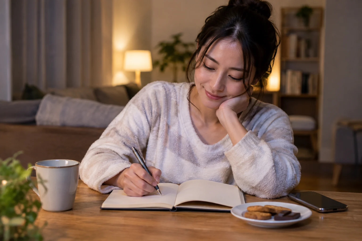 夜に食べた時間と量と気分をノートへ記録する日本人女性