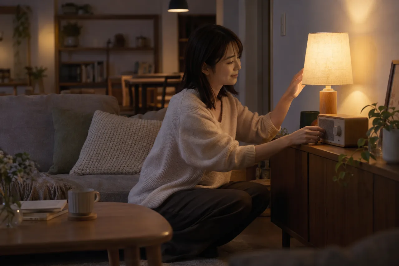 日本人の一人暮らしの女性が温かい食事と音声機器を用意する