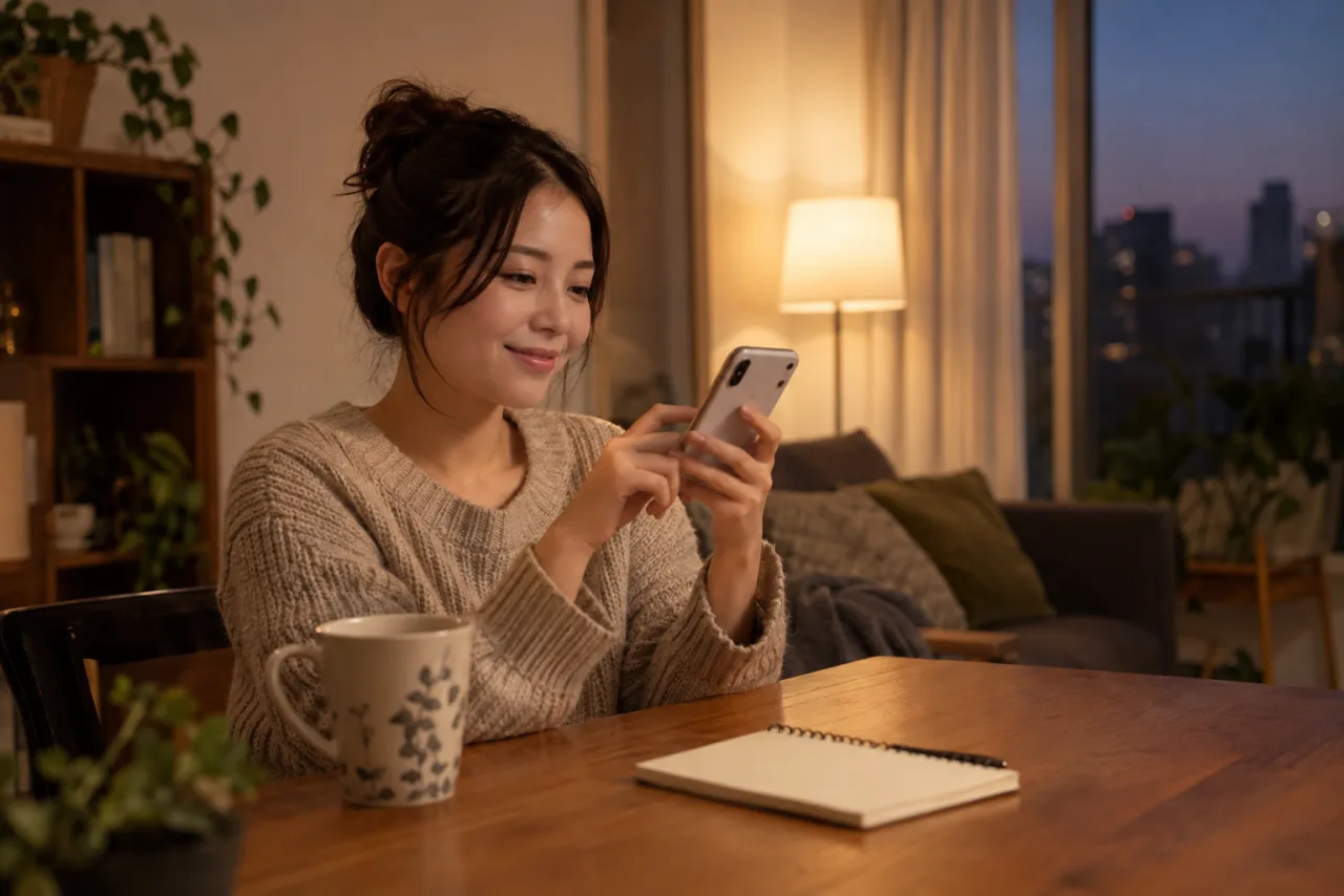 日本人の一人暮らしの部屋で間接照明とラジオを使って過ごす