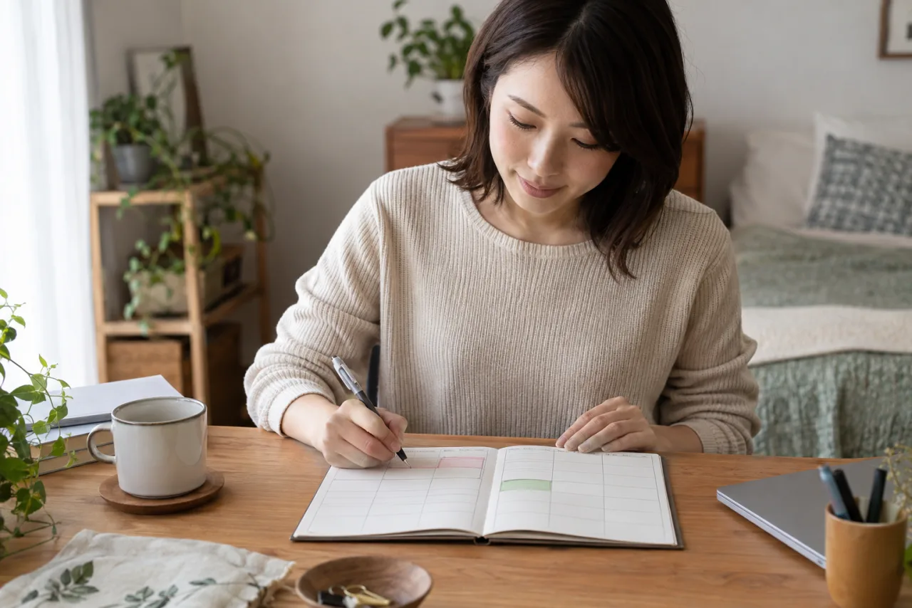 日本人の一人暮らしの女性が予定帳で一人の時間と人に会う時間を分ける