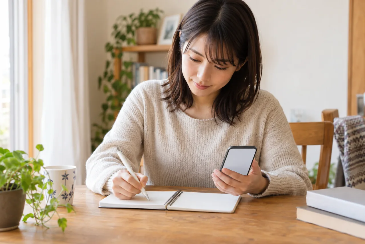 日本人の一人暮らしの女性が相談先の情報をノートに書き留める