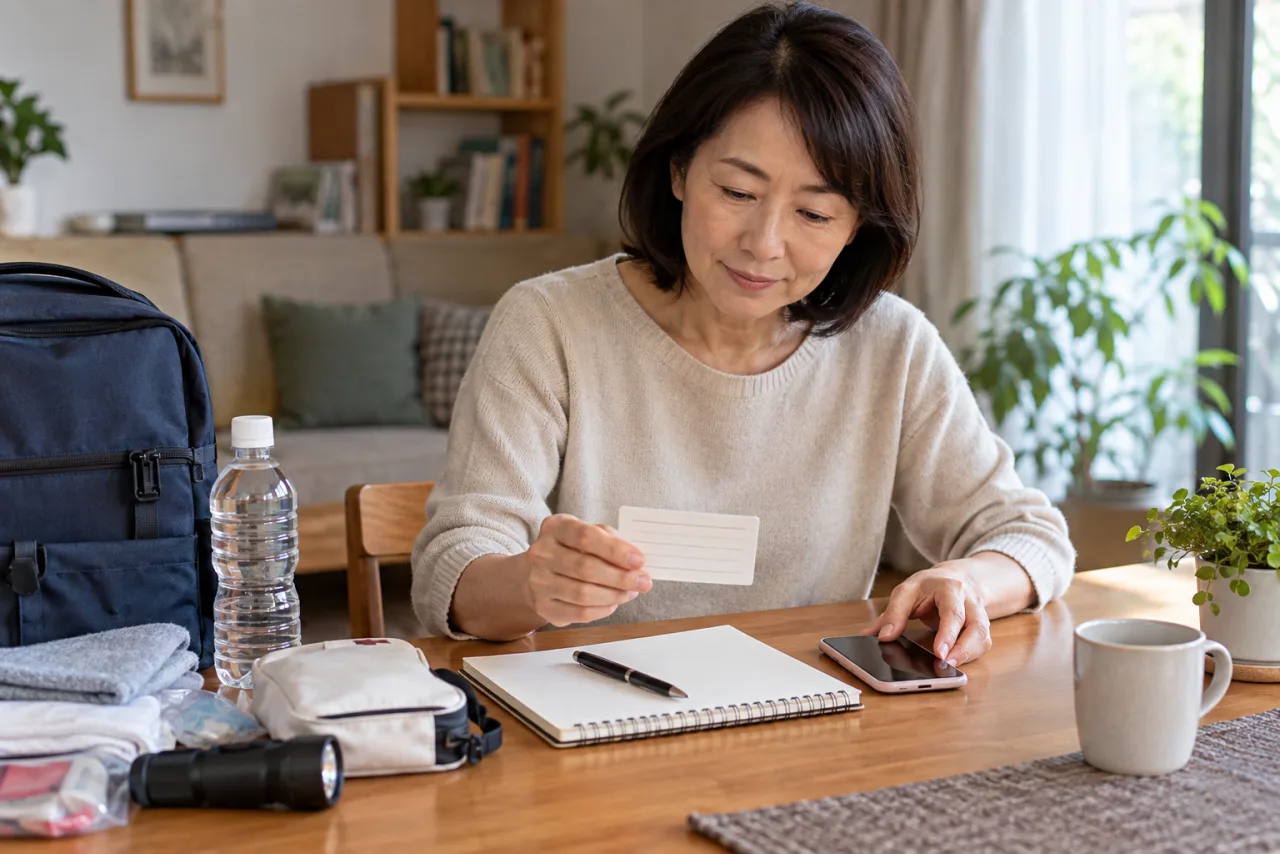 緊急連絡先をノートに整理する日本人女性