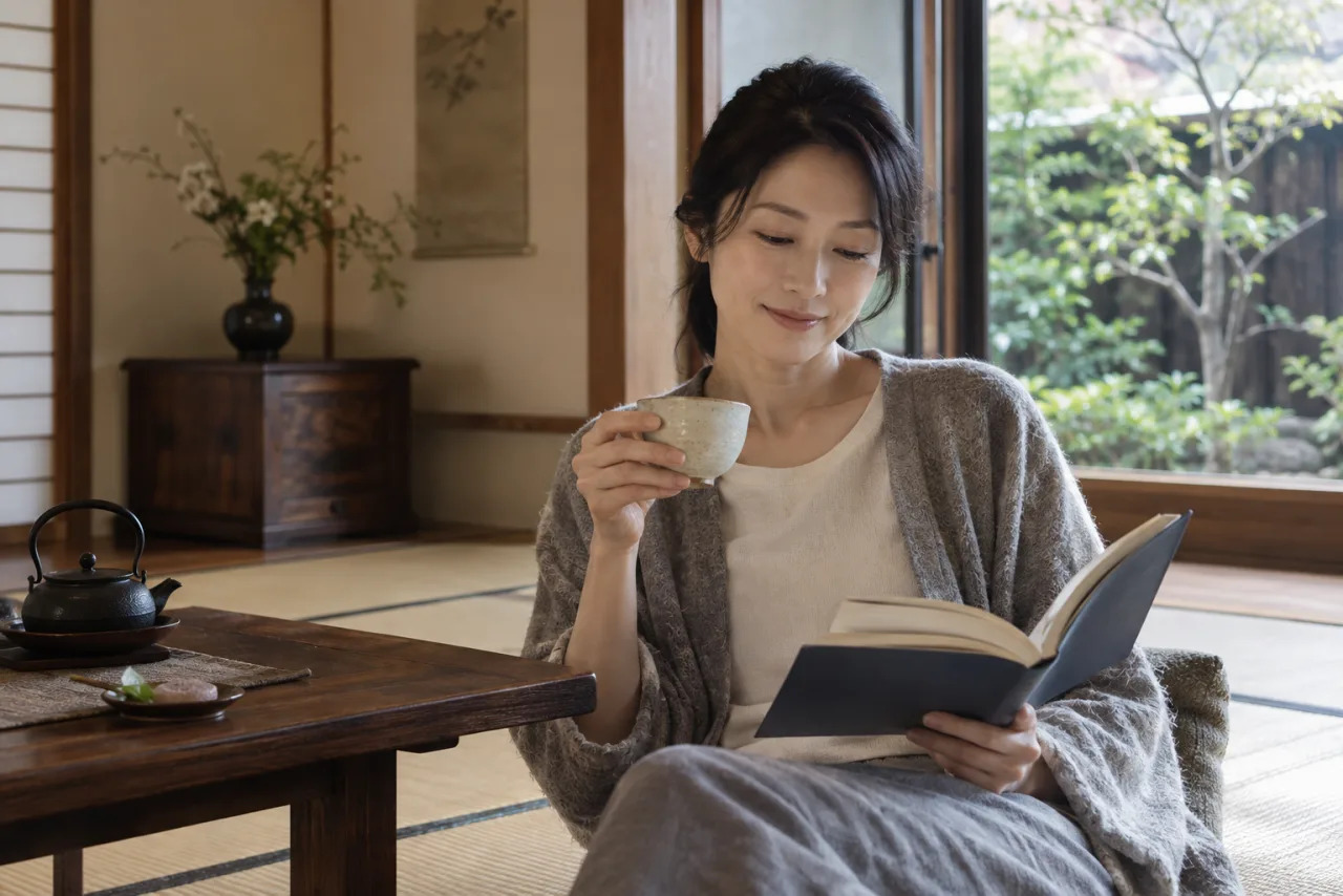 40代の日本人女性が一人の時間を本とお茶で楽しむ
