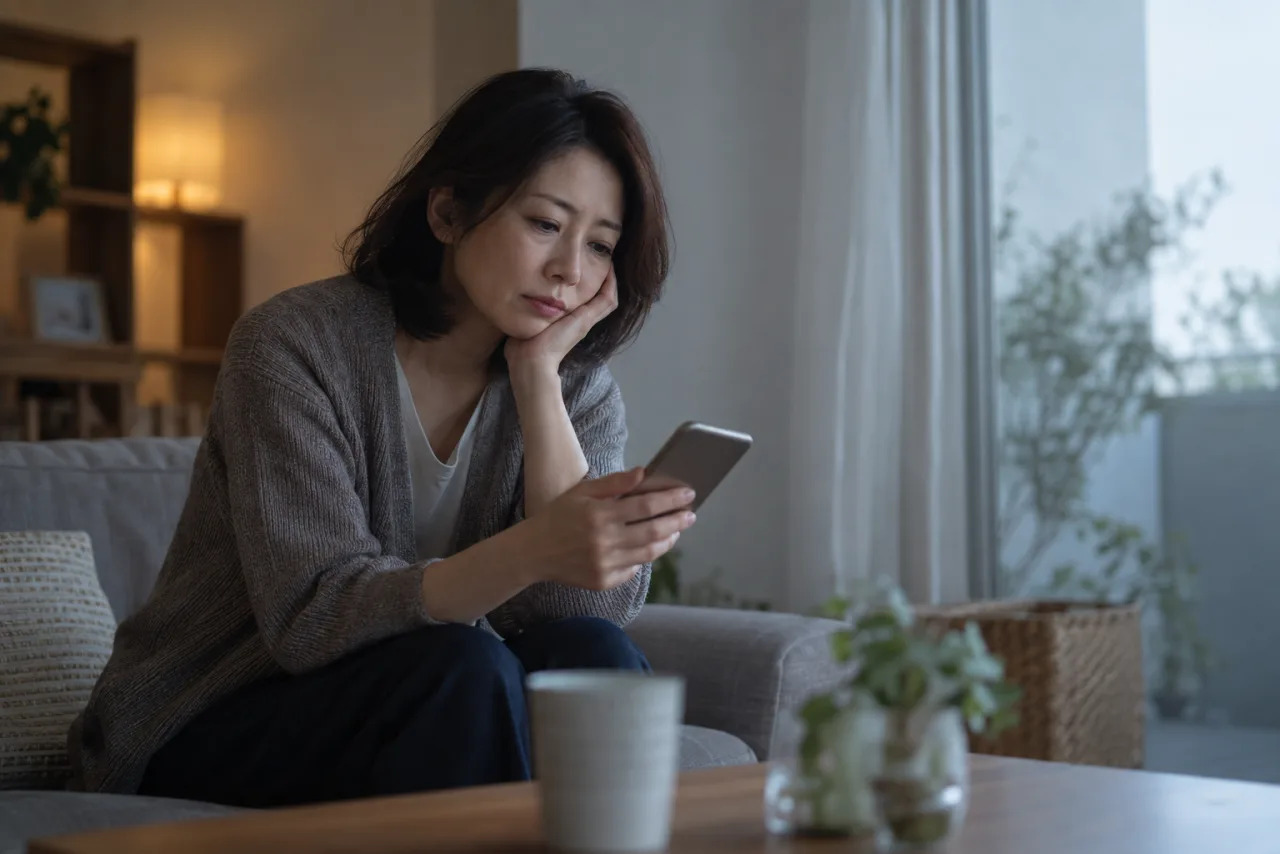 一人暮らしの部屋でスマートフォンを見て孤独を感じる日本人女性