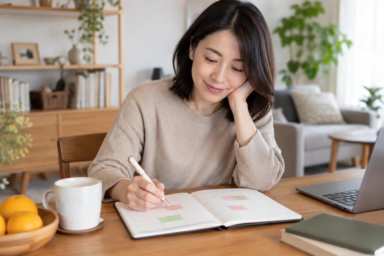 日本人女性が予定表に一人時間と交流の時間を書き分ける