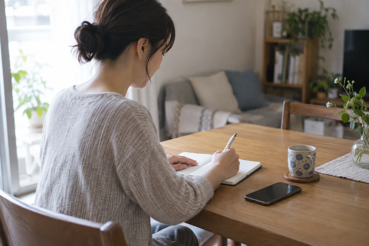 連絡の前に短い言葉を書き出し、返事を急がせない文面を考える女性