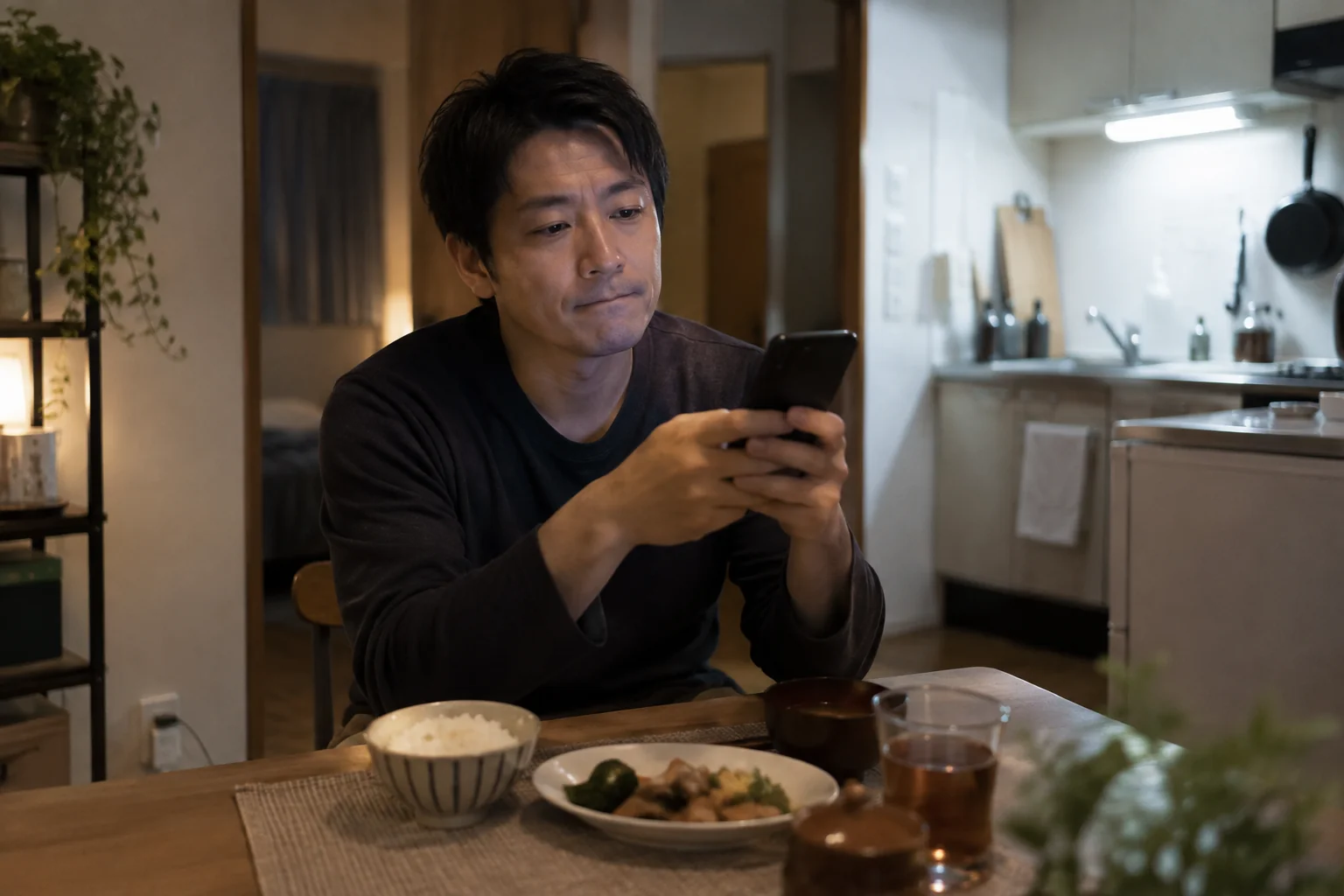 単身赴任先の食卓で夕食を前に家族への連絡を考える日本人男性
