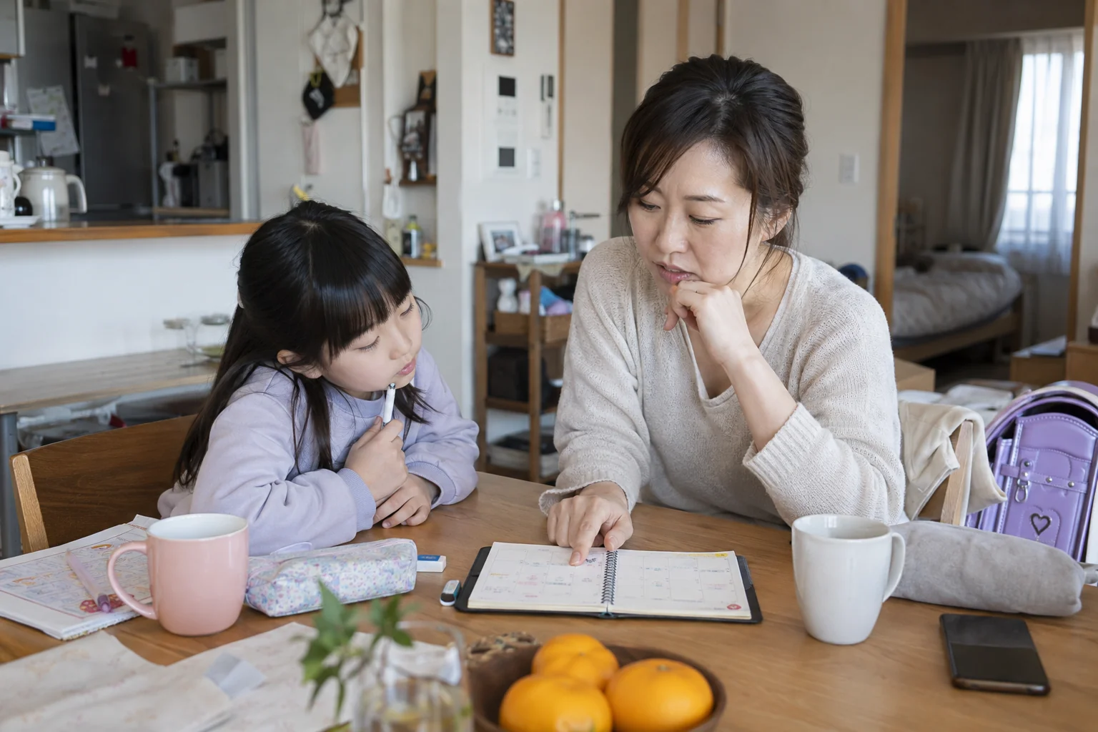 子どもの予定を見ながら連絡しやすい時間を考える家族