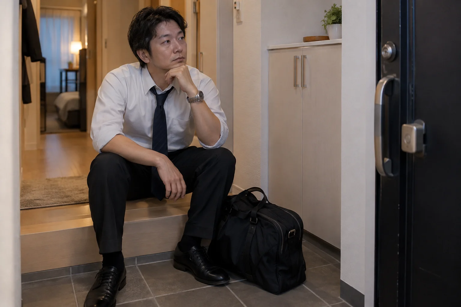 金曜の夜に旅行鞄のそばで帰省する体力を考える日本人男性