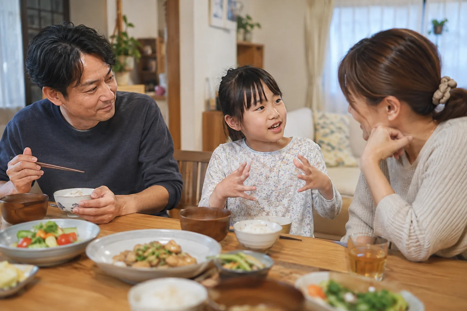帰省した父親が配偶者と子どもと食卓を囲み話を聞く場面