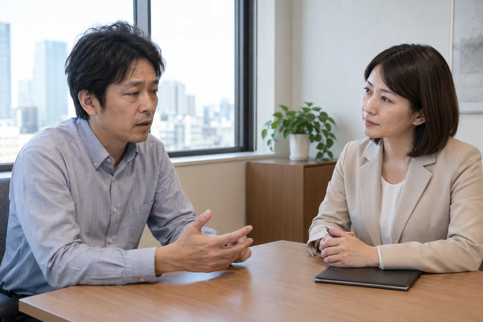 単身赴任中の不調について職場の相談担当者と話す日本人男性