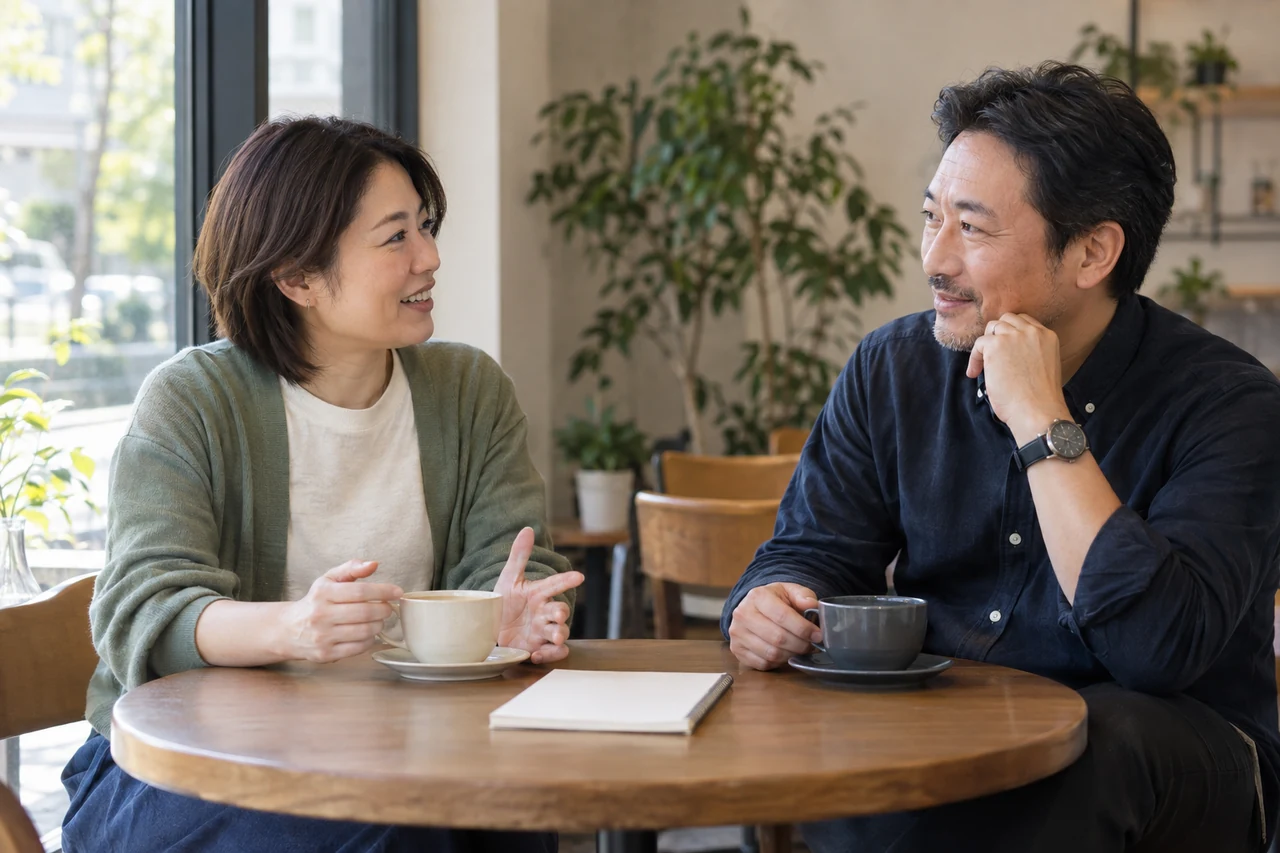 カフェで向かい合い、落ち着いて話す女性と男性。連絡頻度や距離感を相談する場面