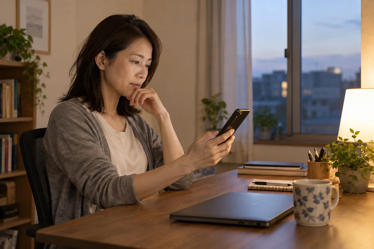 夜、自宅の机でスマートフォンを見ながら考え込む女性。ニュースをきっかけに一人暮らしの将来が気になった場面