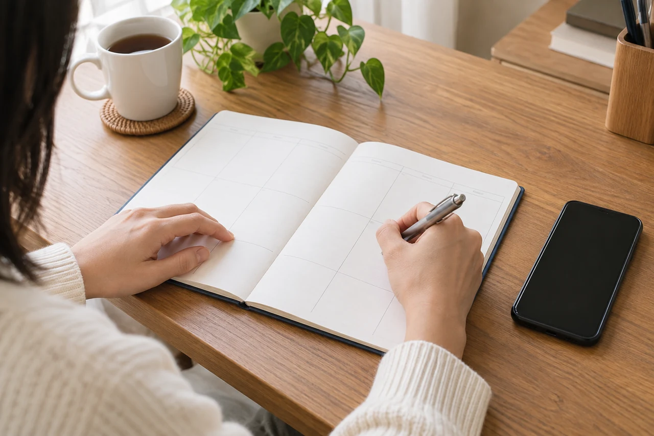 未返信のときの連絡方法を、手帳に書き出して整理している手元