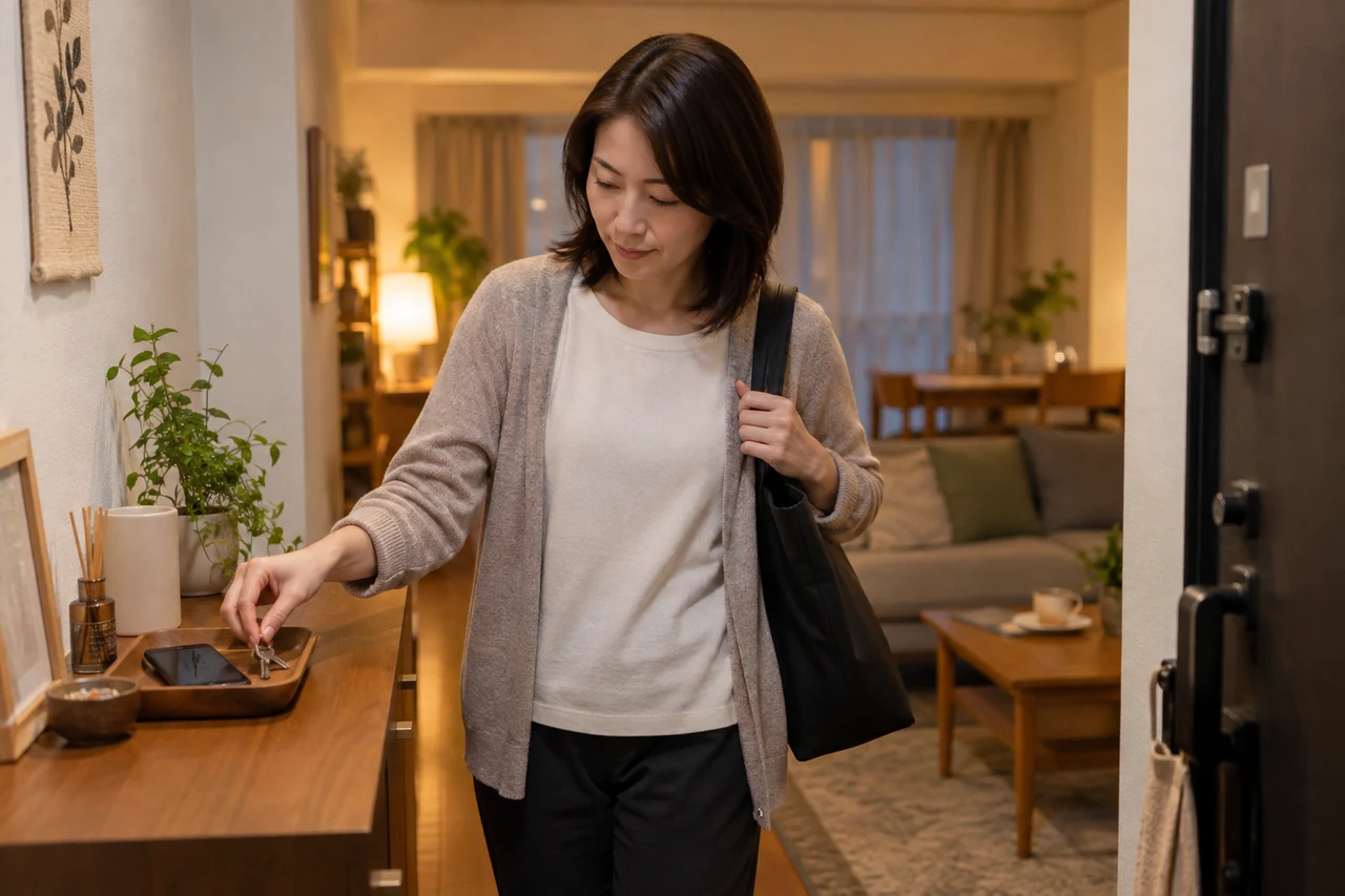 仕事から帰宅し、玄関で鍵やスマートフォンを置く女性。いつもの生活動線に連絡習慣を合わせる場面