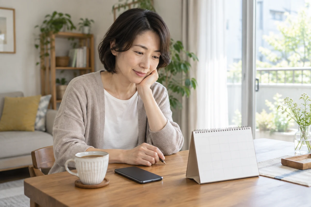 白紙のカレンダーを前に、スマートフォンを置いて連絡の頻度を静かに見直す女性
