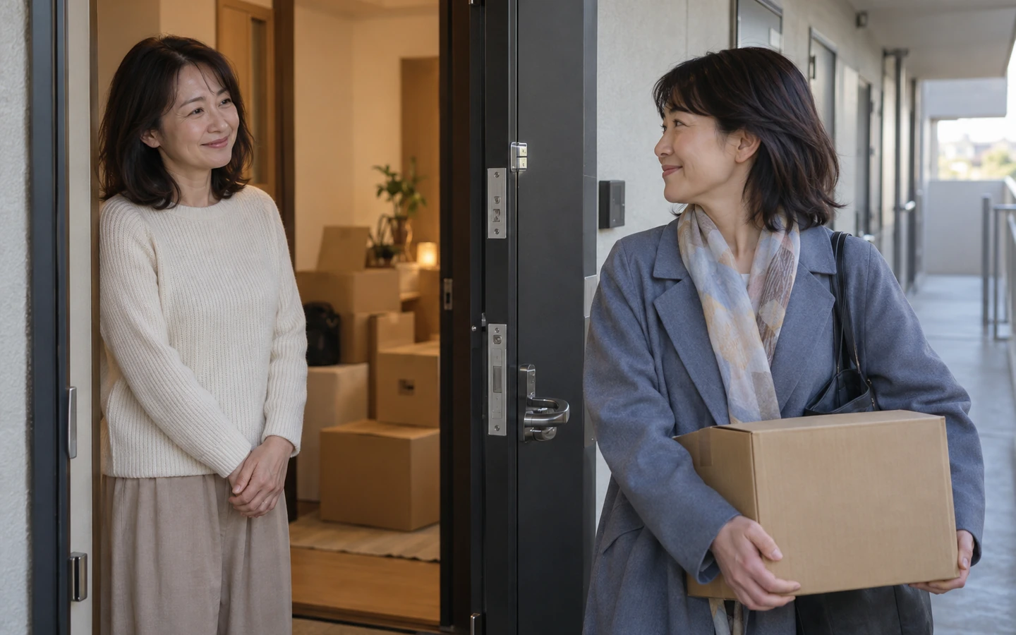 引っ越しを控えた友人と玄関先で別れを惜しむ日本人女性のイメージ