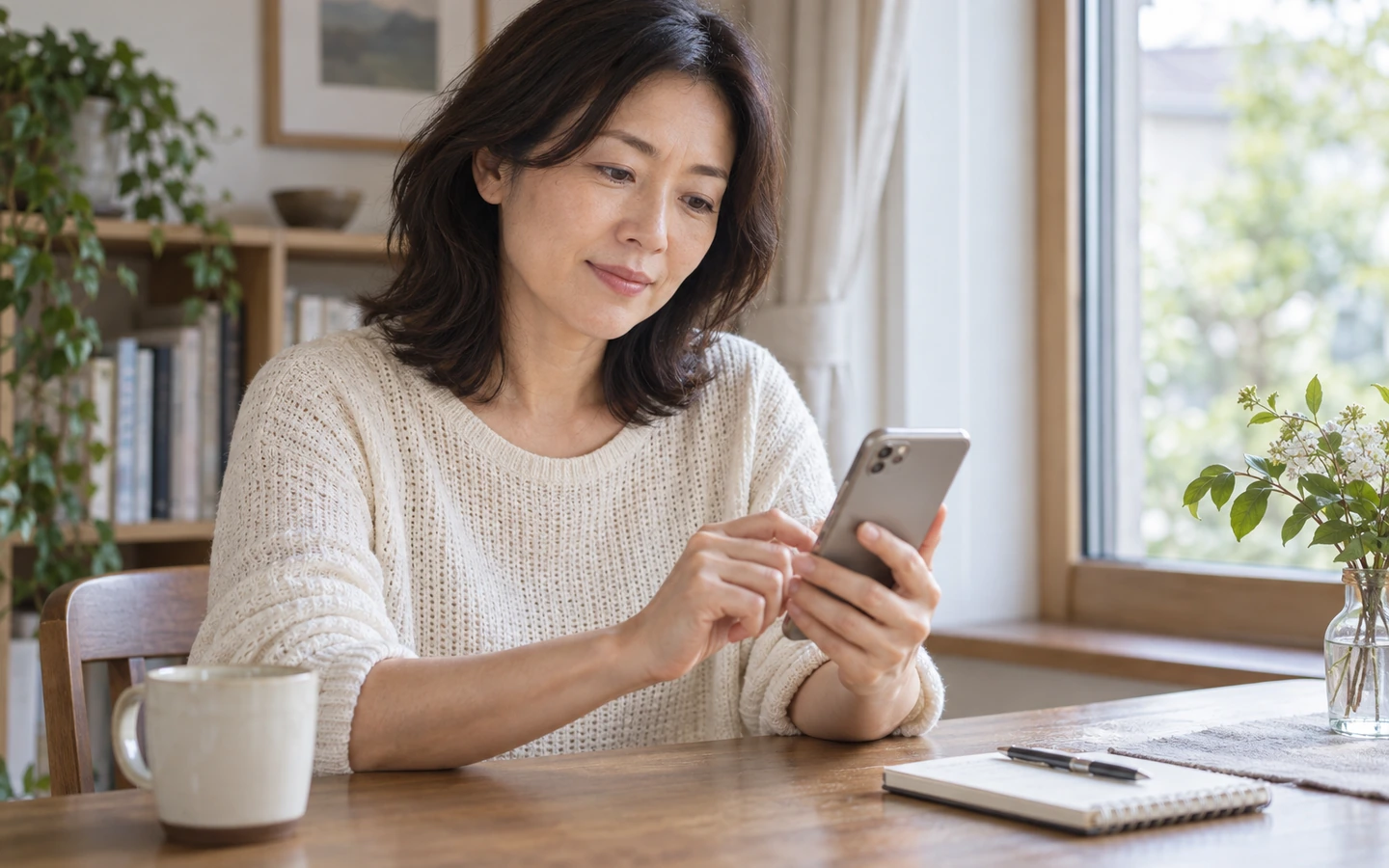 話す時間と希望することを考えながら友人へのメッセージを作る日本人女性のイメージ