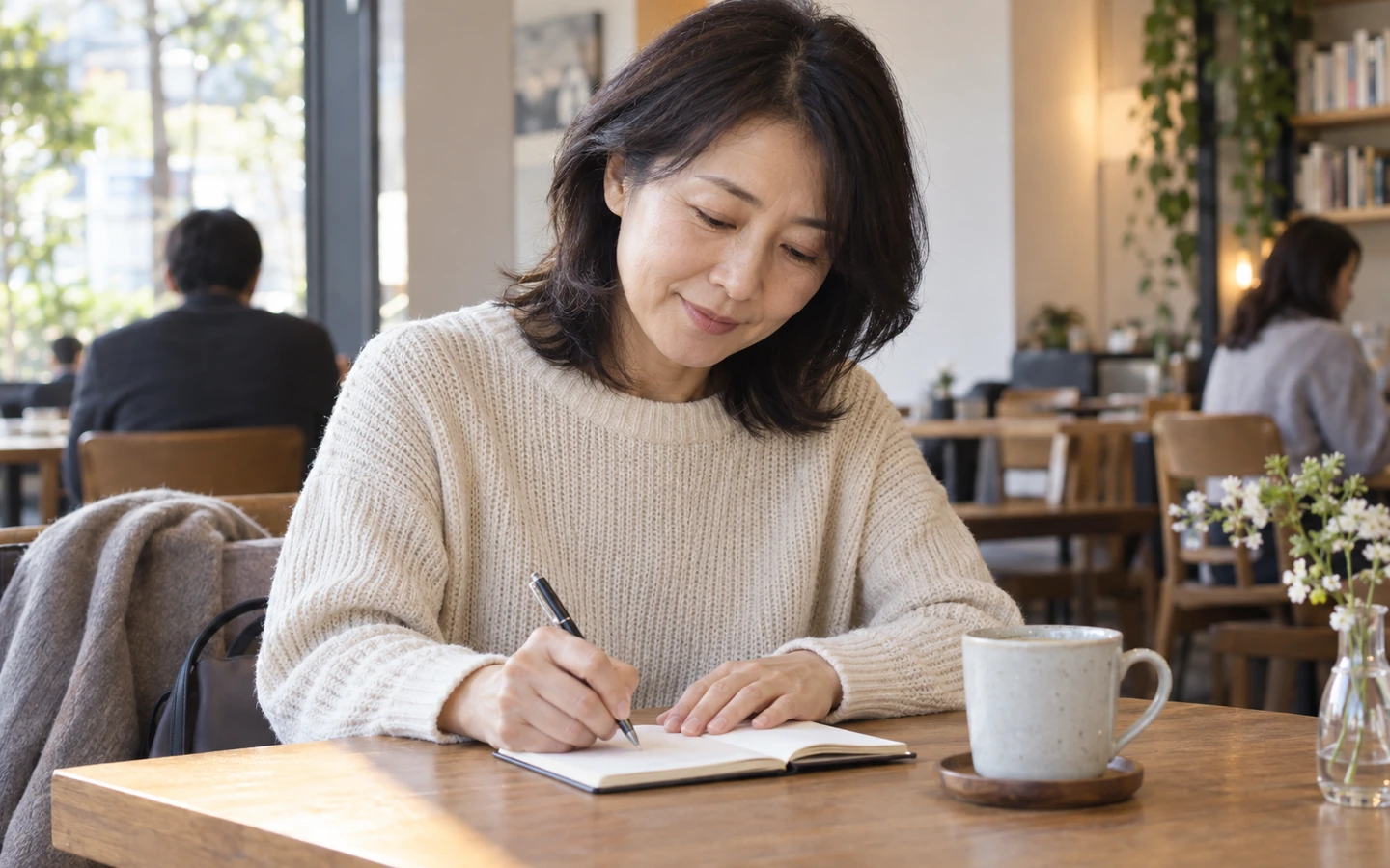 相談後にカフェで次の連絡先と小さな行動をノートに書き留める女性のイメージ