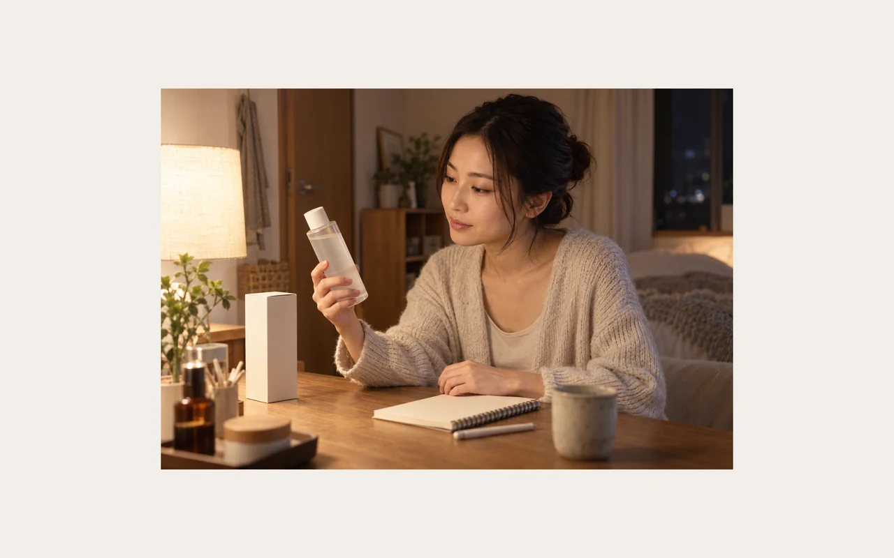 自宅で化粧水の表示を読み、使う目的と気になる香りや使用感をノートに整理する女性