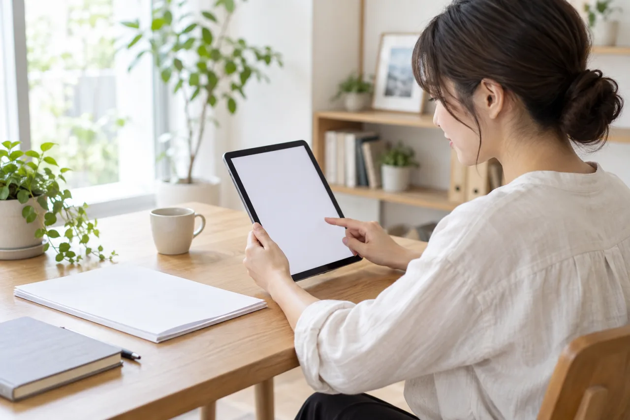 日本人の女性が本人確認と個人情報の公開範囲を確認する書類を見る