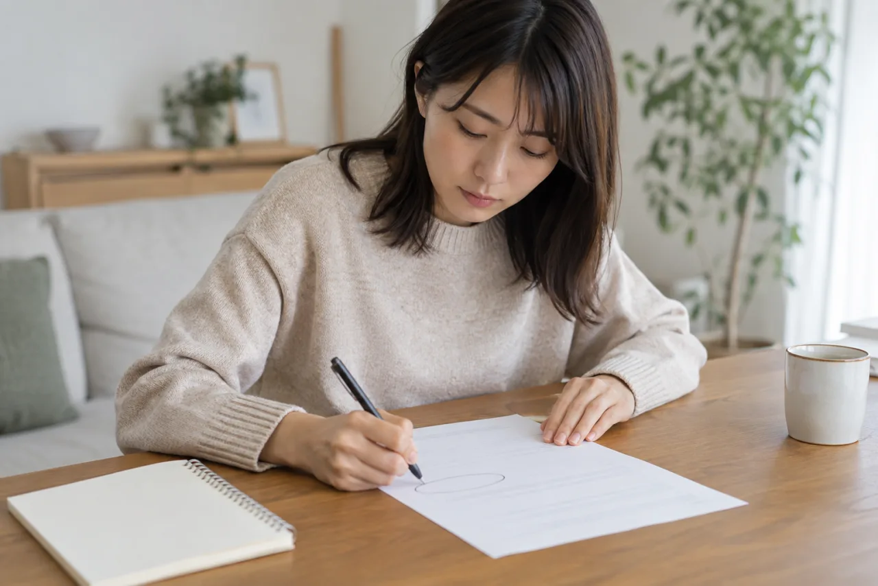日本人の一人暮らしの女性が結婚相談所の契約書と退会条件を確認する