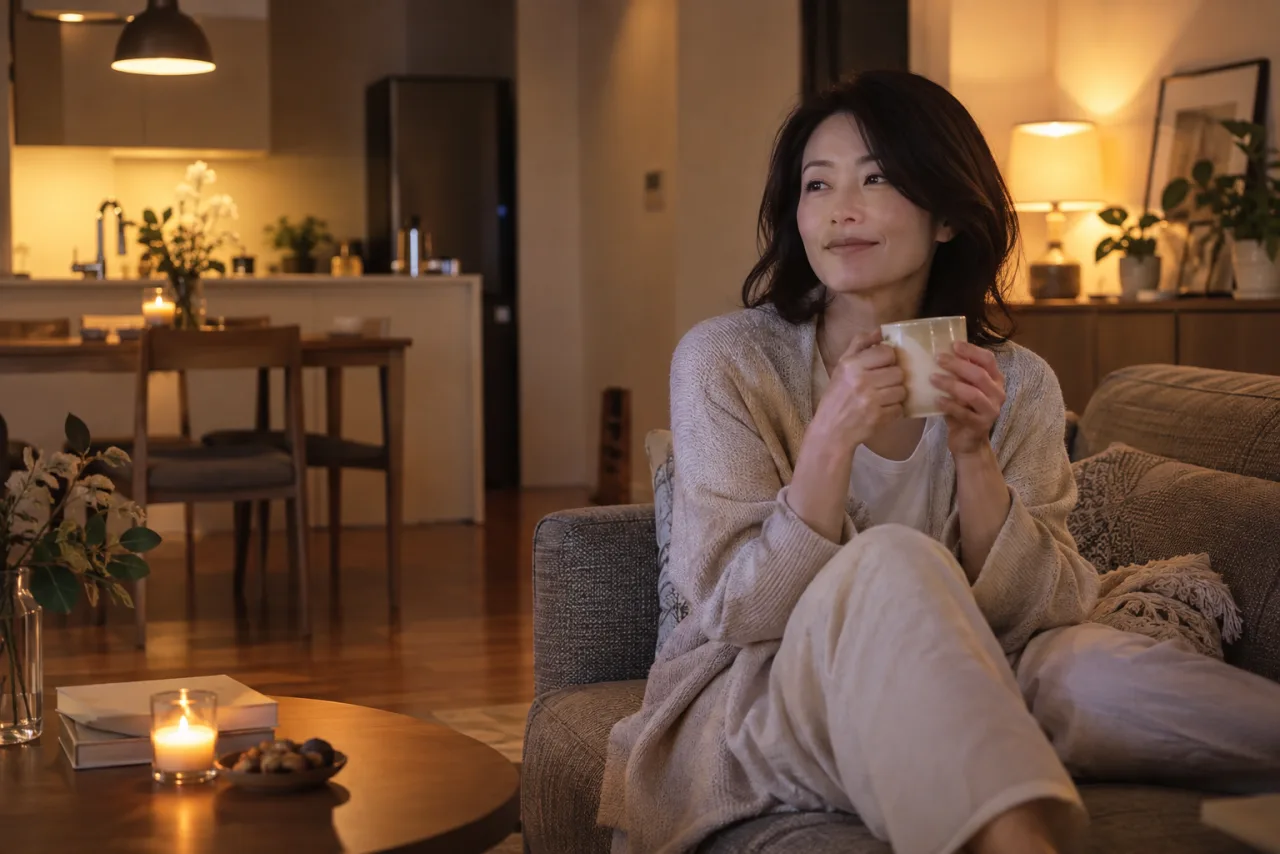日本人女性が40代の一人暮らしで帰宅後の時間を穏やかに過ごす