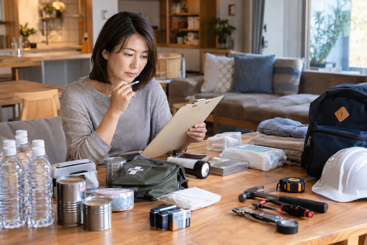 日本人女性が一人暮らしの防災用品と家のメンテナンスを確認する