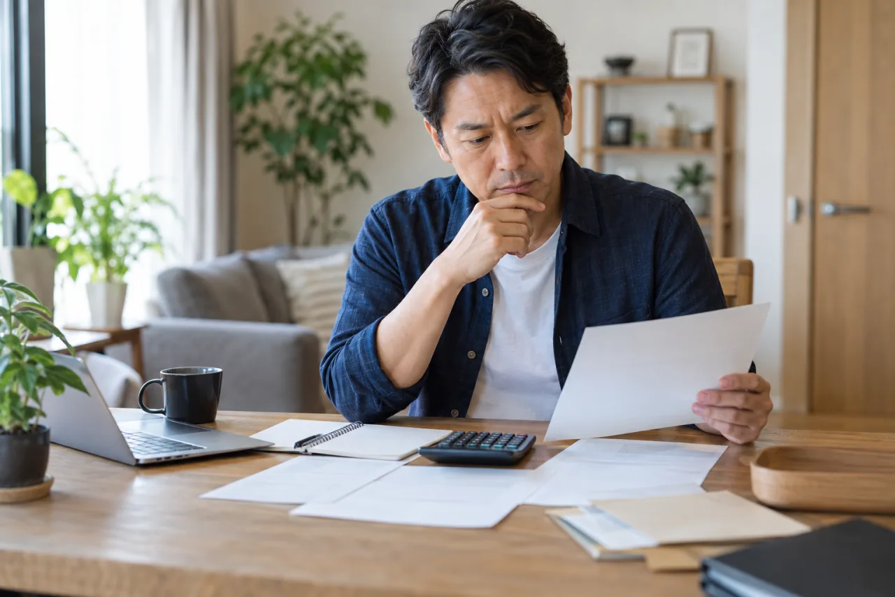 40代の日本人男性が家賃と生活費を確認する