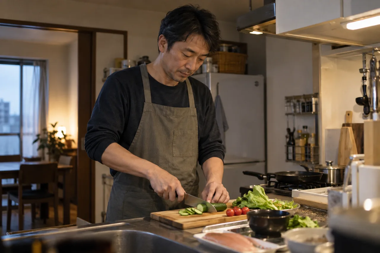 40代の日本人男性が一人分の健康的な食事を作る