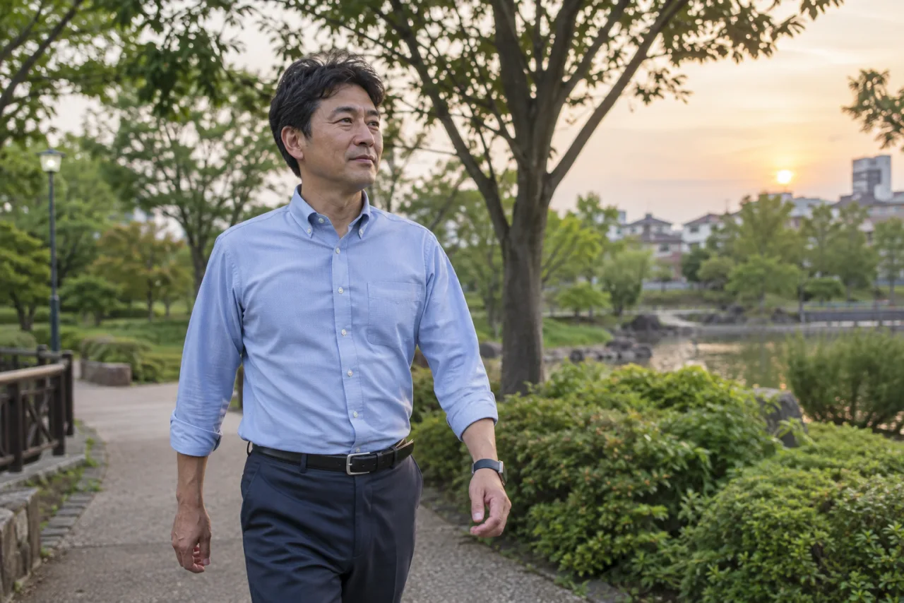 40代の日本人男性が公園を歩いて運動する