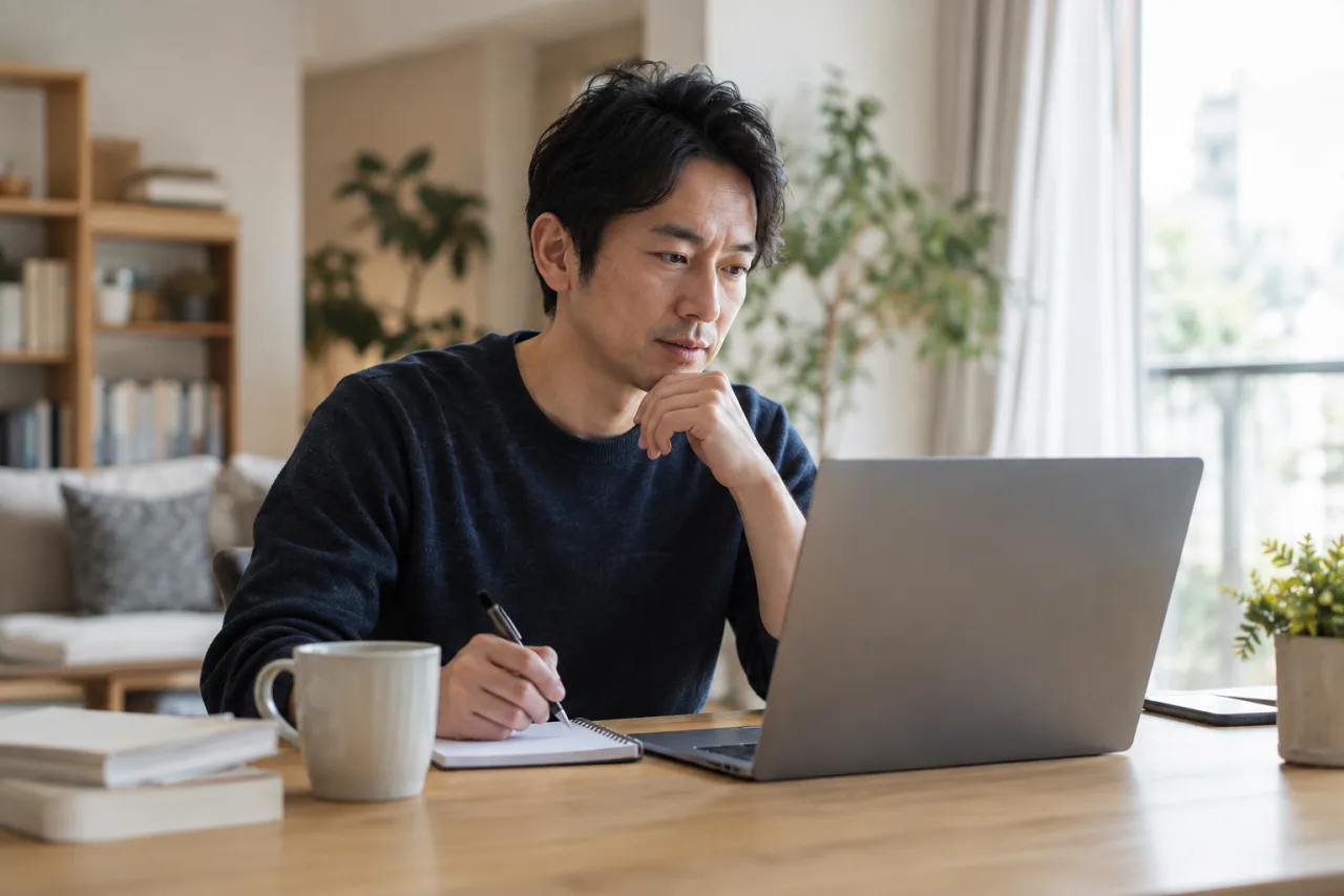 40代の日本人男性が自宅で仕事と学びの計画を立てる