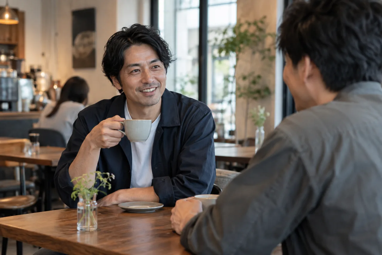 40代の日本人男性が友人とカフェで話す