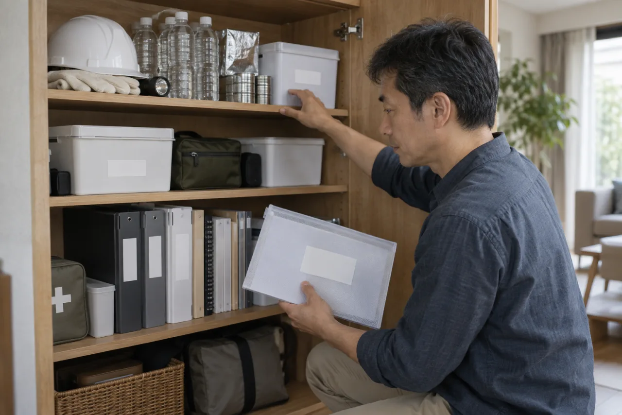 40代の日本人男性が重要書類と防災用品を整理する