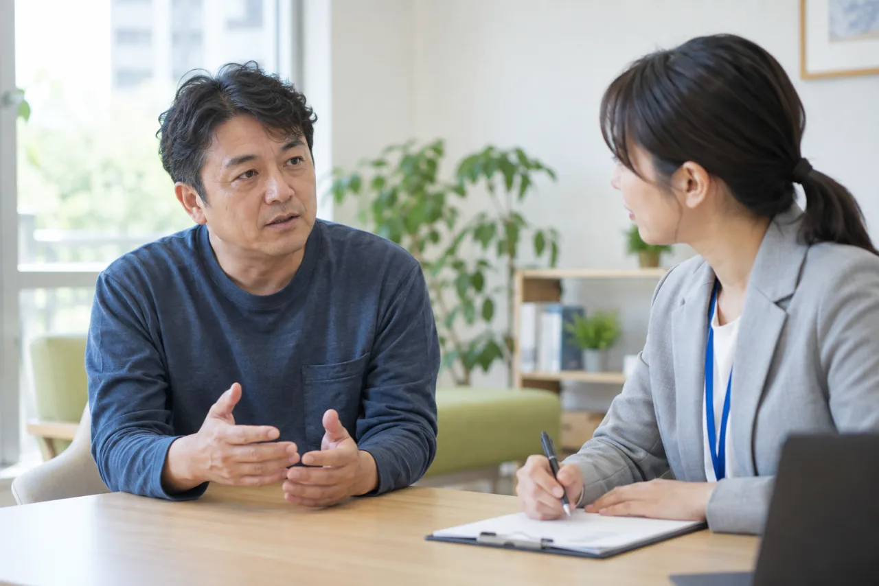 40代の日本人男性が相談員に生活の悩みを話す