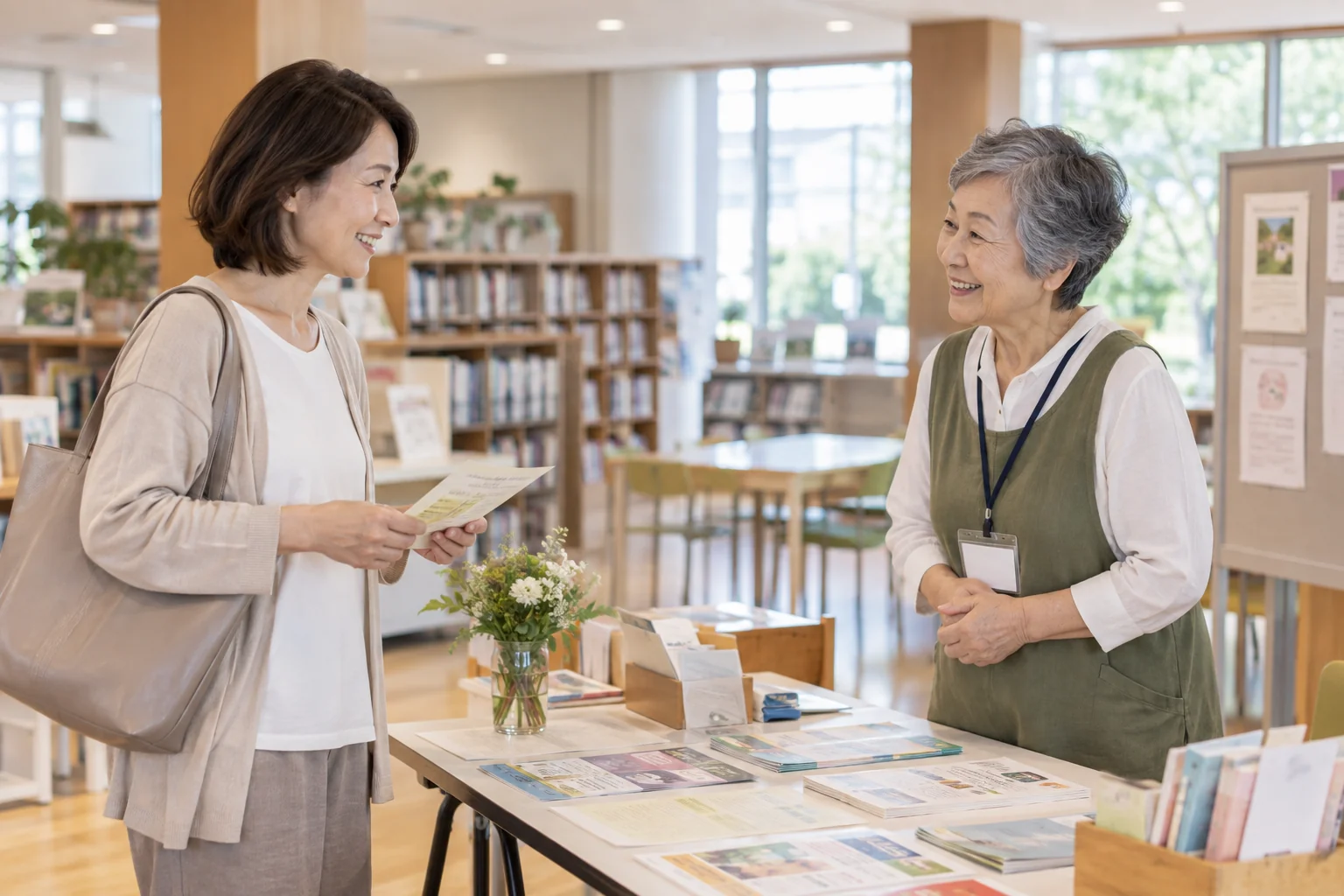 50代の日本人女性が地域の図書館で催しの案内を聞いている