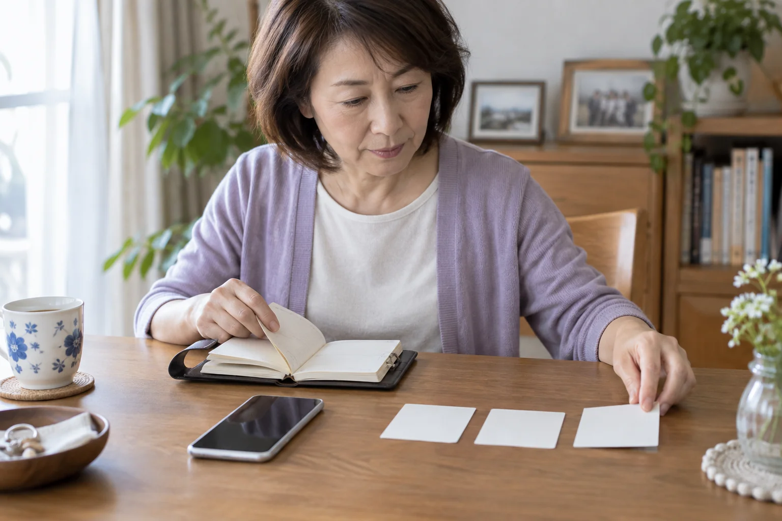 50代の日本人女性が連絡帳と連絡先カードを整理している