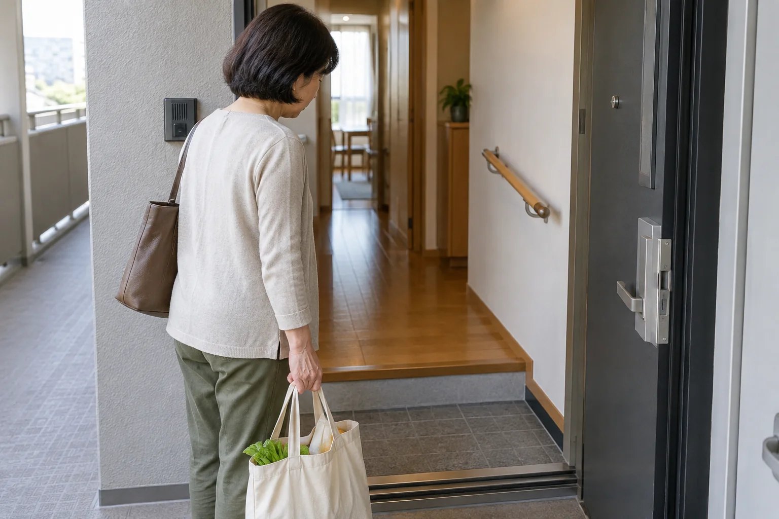 50代の日本人女性が住まいの玄関の段差を確かめている